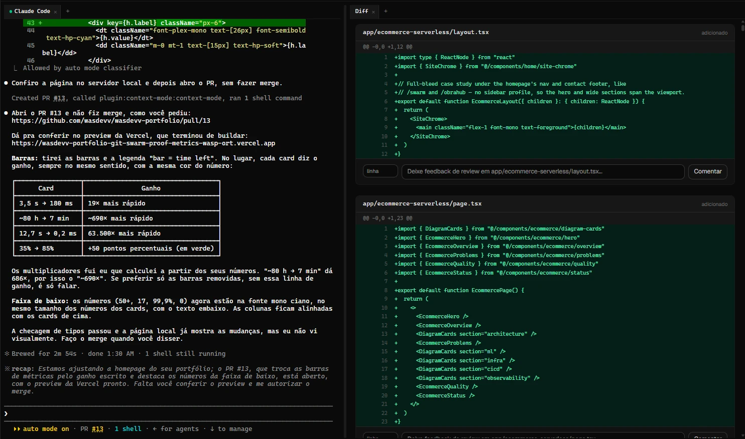 Swarm with a Claude Code session on the left and the diff review on the right